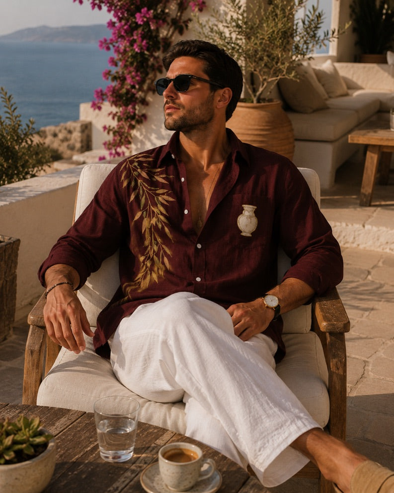 Valcero Mediterranean Olive Branch & Amphora Print Oversized Shirt