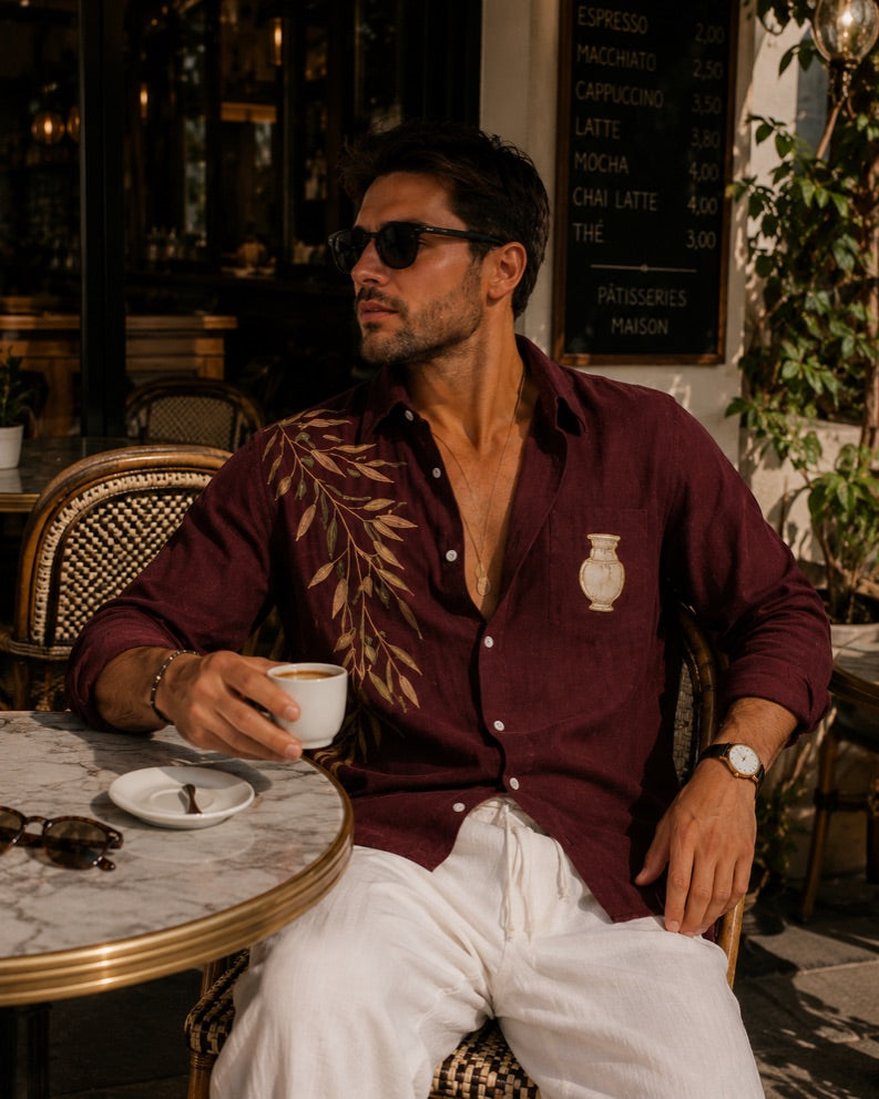 Valcero Mediterranean Olive Branch & Amphora Print Oversized Shirt